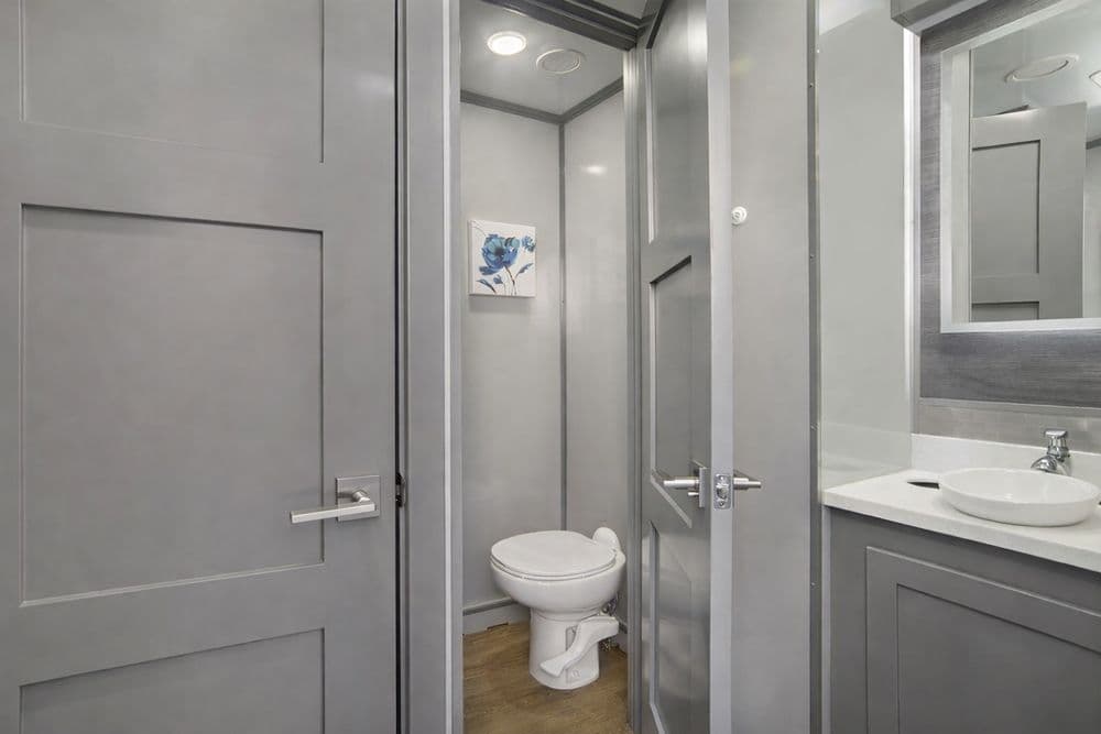 Luxury restroom trailer interior with modern amenities