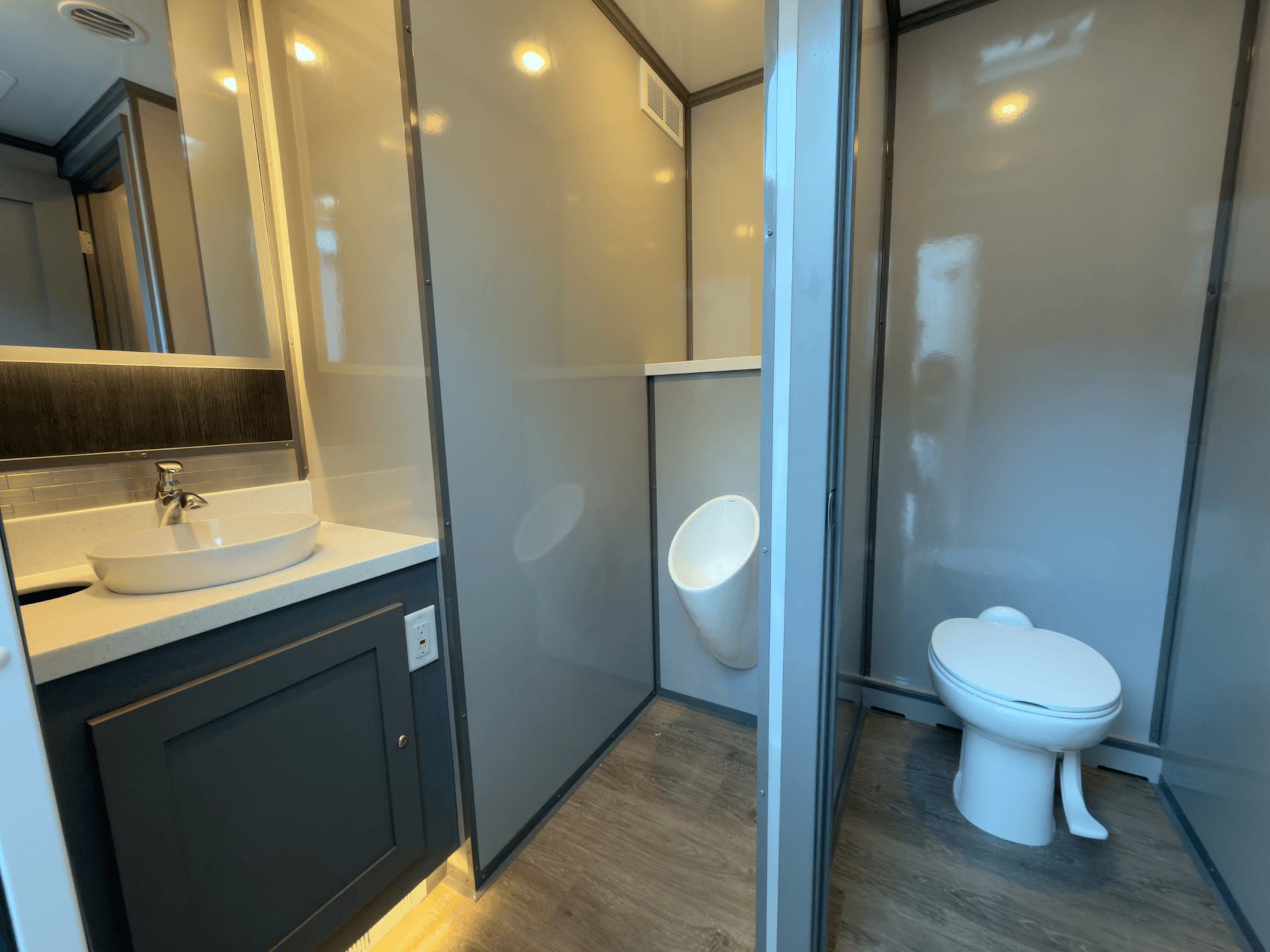 Interior of the luxury restroom trailer with full plumbing and finishes